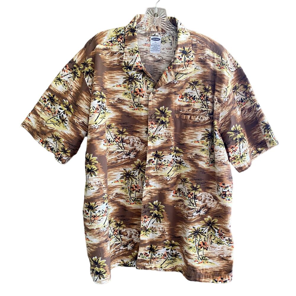 OLD NAVY Men's Size XL Hawaiian Shirt 100% Cotton Tan Brown Retro Short Sleeves